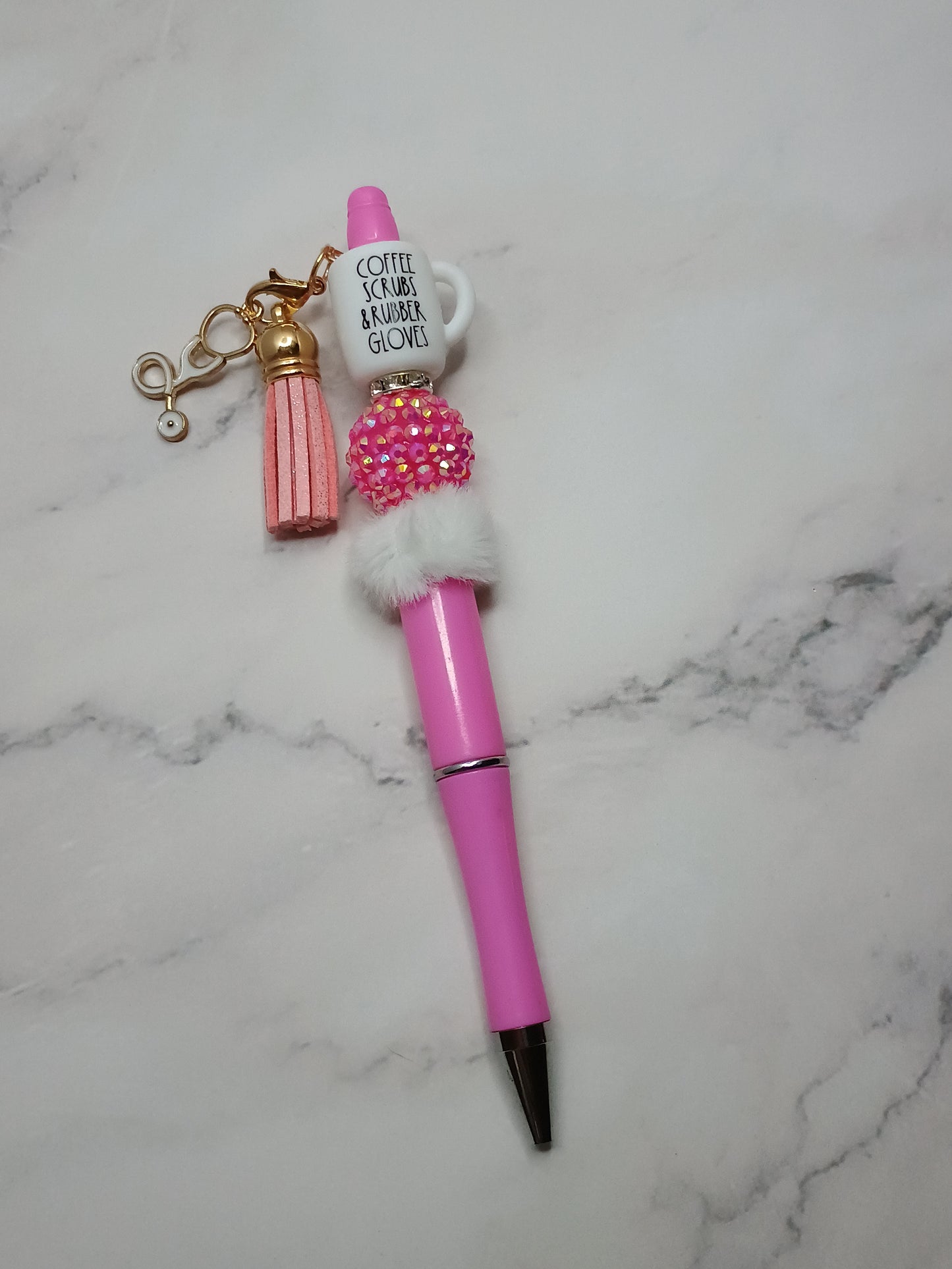 Pink Coffee, scrubs & rubber gloves