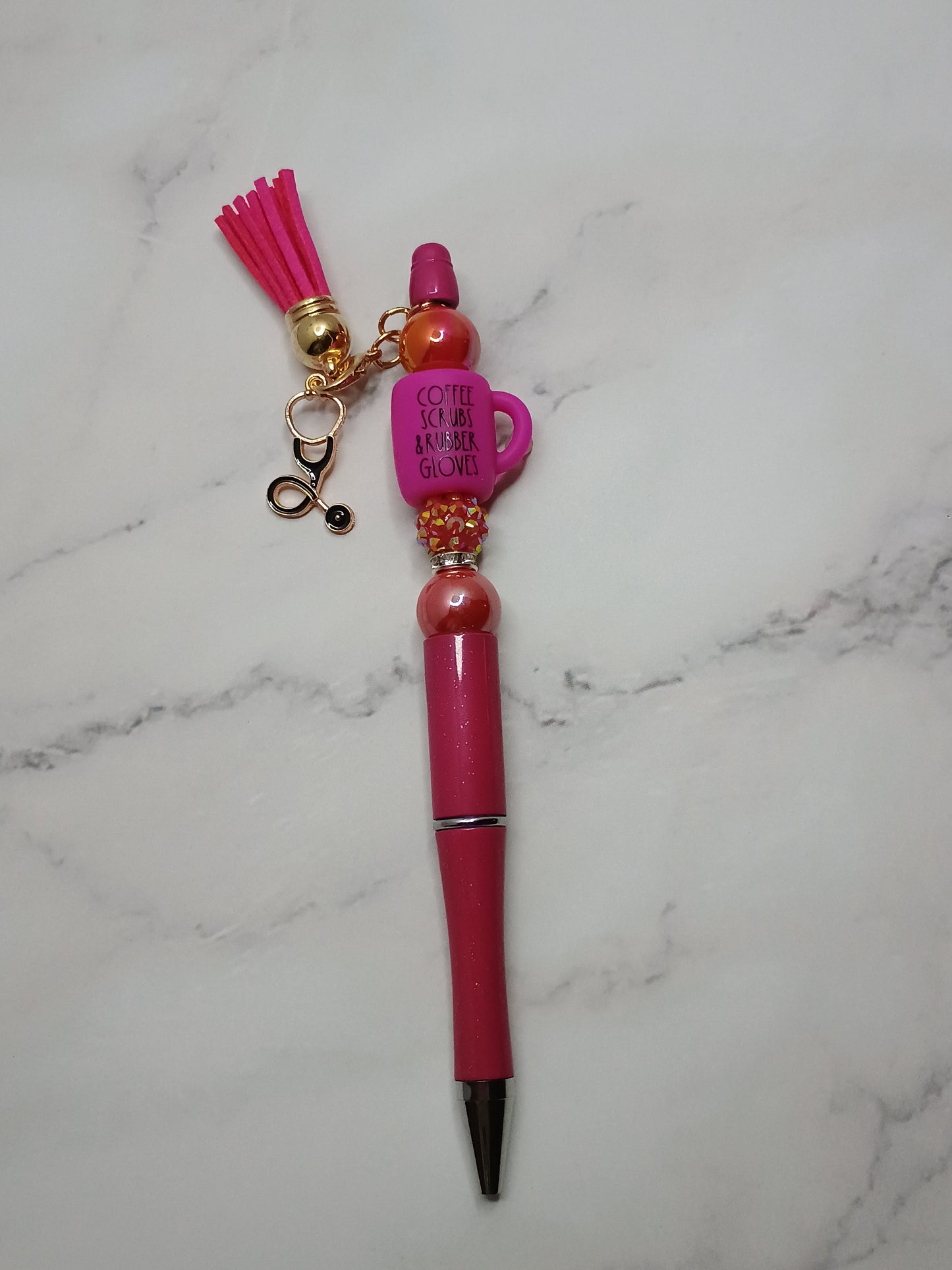 Pink Coffee, scrubs & rubber gloves