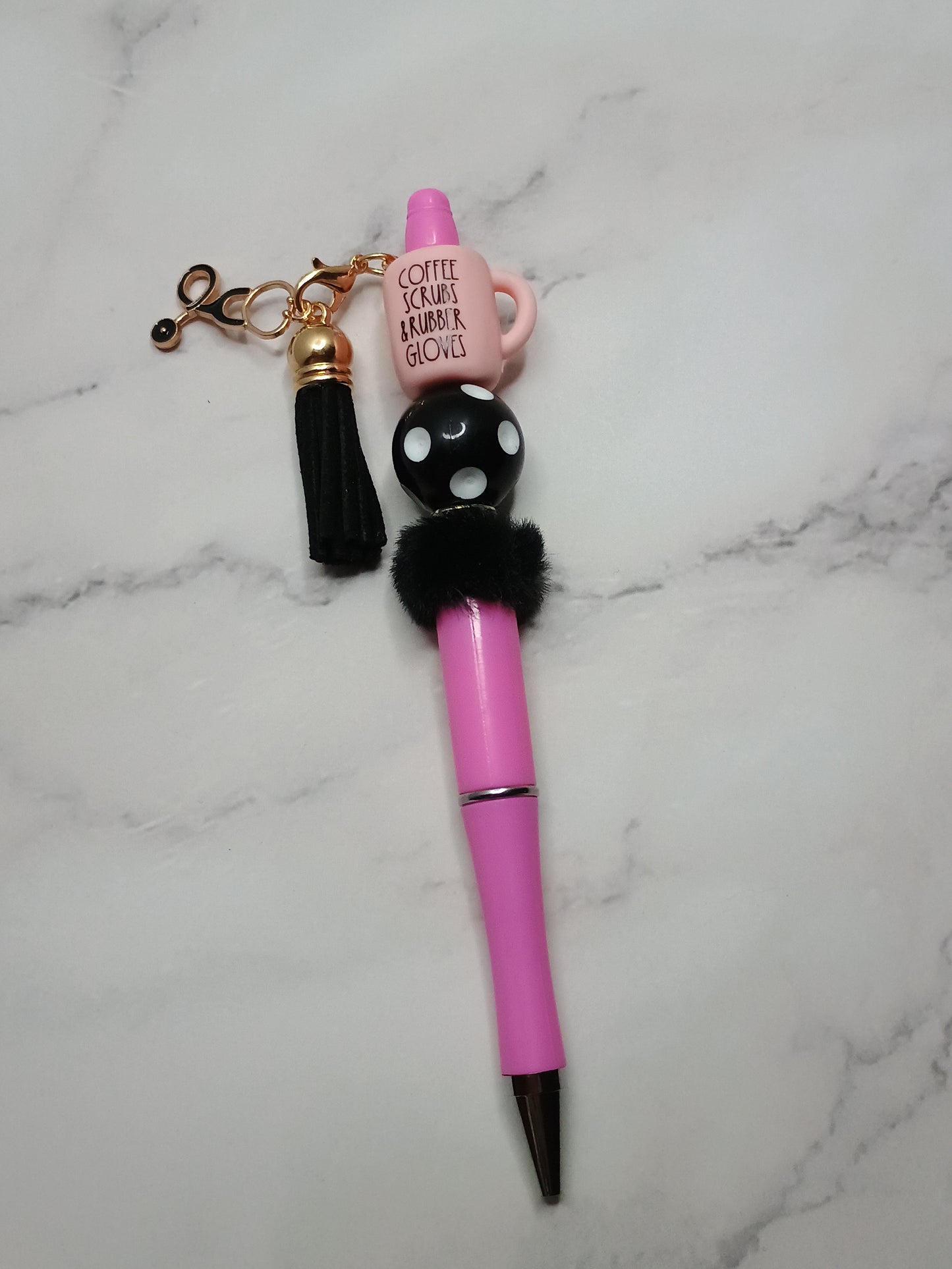 Pink Coffee, scrubs & rubber gloves